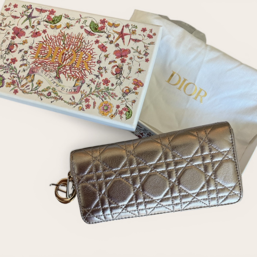 Dior Metallic Gold Quilted Leather Zip Around Wallet—FITS PHONE